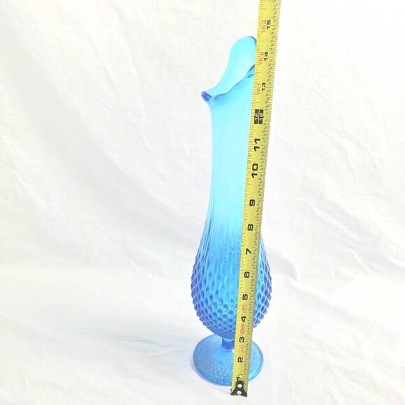 Blue Hobnail Art Glass Vase Ruffled Top Vintage Style - Picture 2 of 7